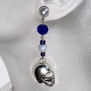 Faux White Pearl Post Stud Drop Dangling Earrings with Blue and White Team Beads
